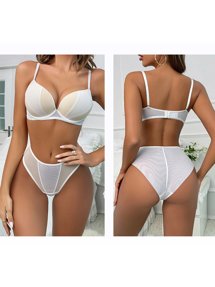 Contrast Color Mesh Push-up Underwire Bra Set