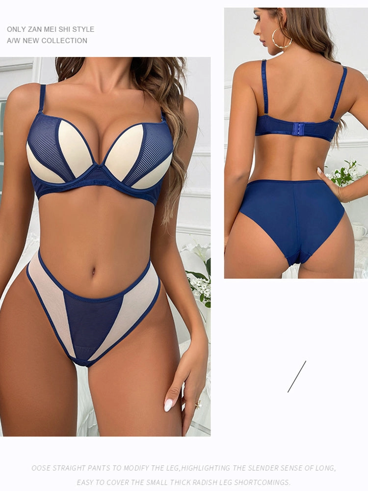 Contrast Color Mesh Push-up Underwire Bra Set
