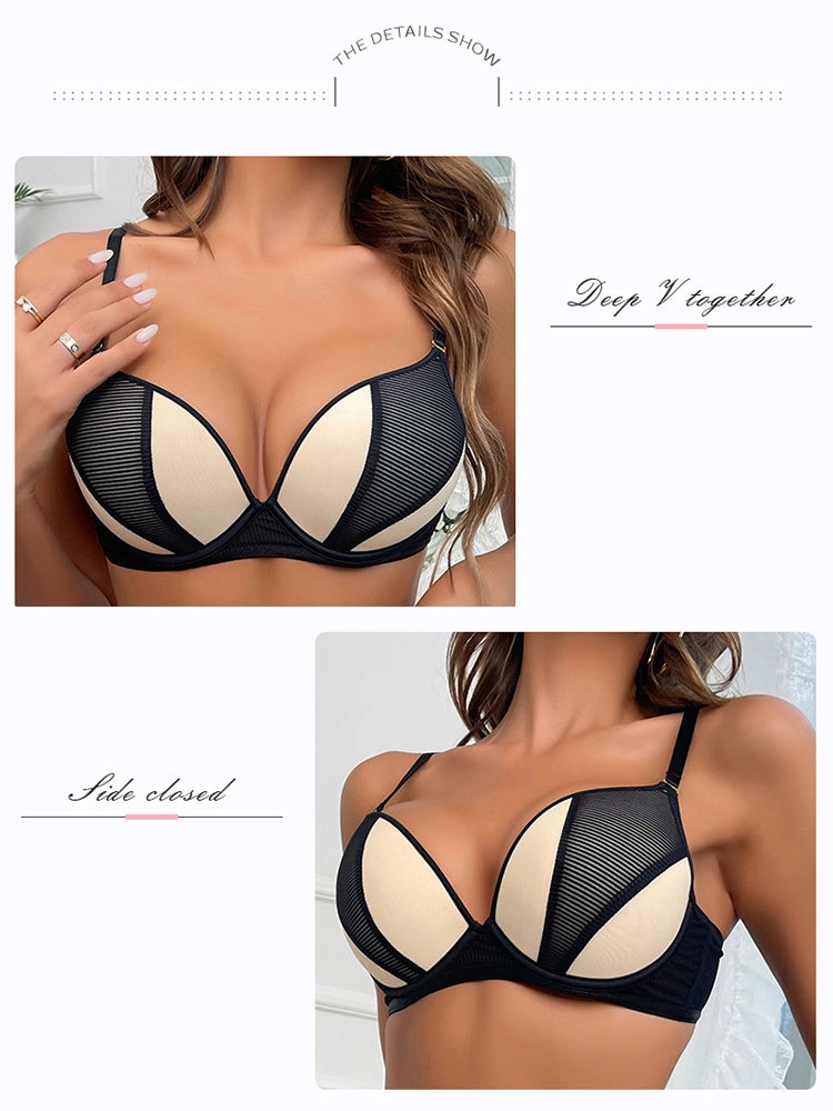 Contrast Color Mesh Push-up Underwire Bra Set