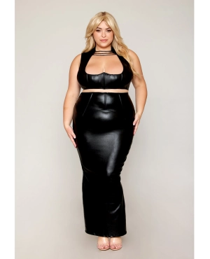 Dreamgirl Queen Stretch Faux Leather Harness Bra & Long Slip Skirt