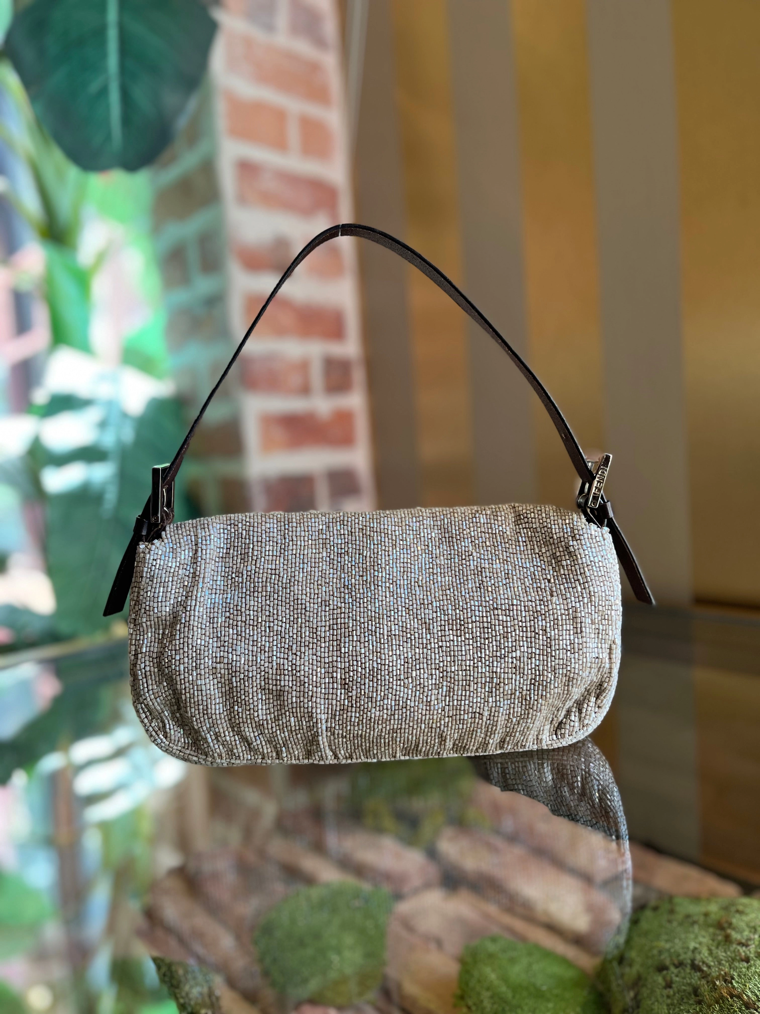 FENDI Baguette Beige Beaded Vintage Shoulder Bag