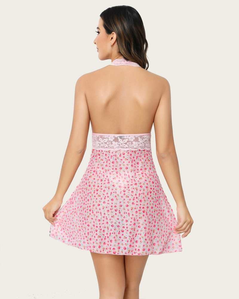 Halter Lace Floral Print Babydoll Mesh Nightgown