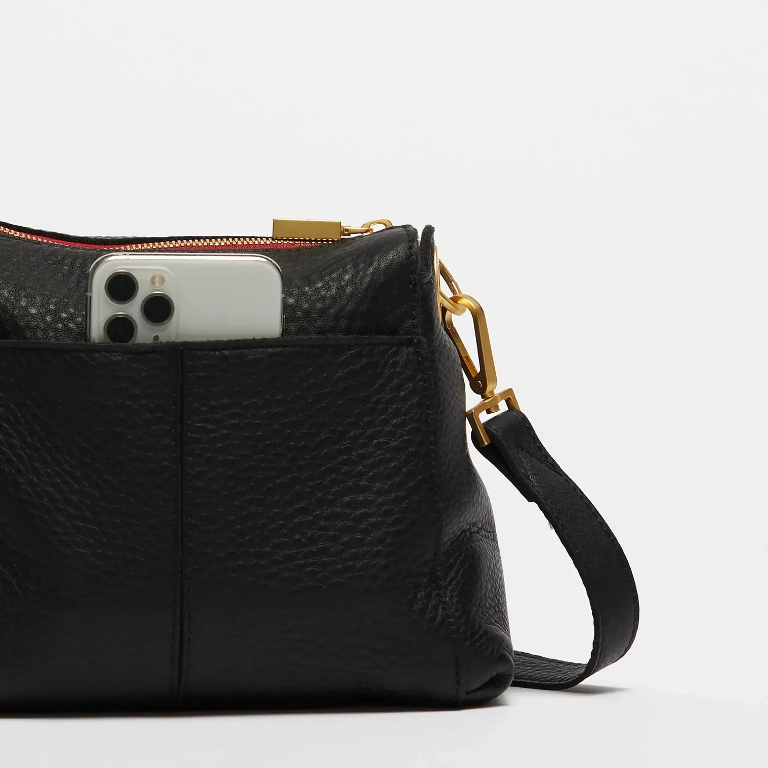 Hammitt Bryant Med Leather Shoulder Bag Black/Brushed Gold Red Zip