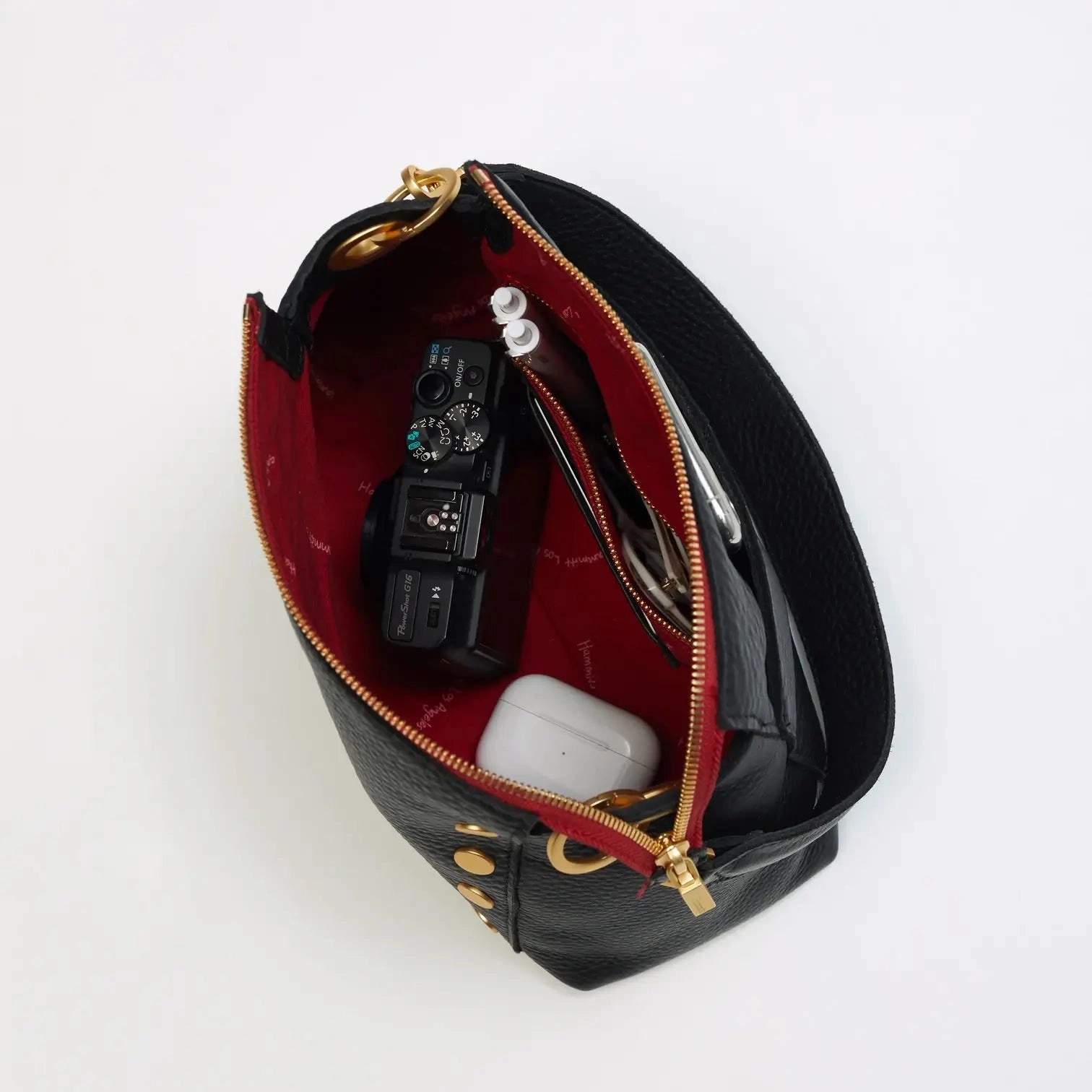 Hammitt Bryant Med Leather Shoulder Bag Black/Brushed Gold Red Zip