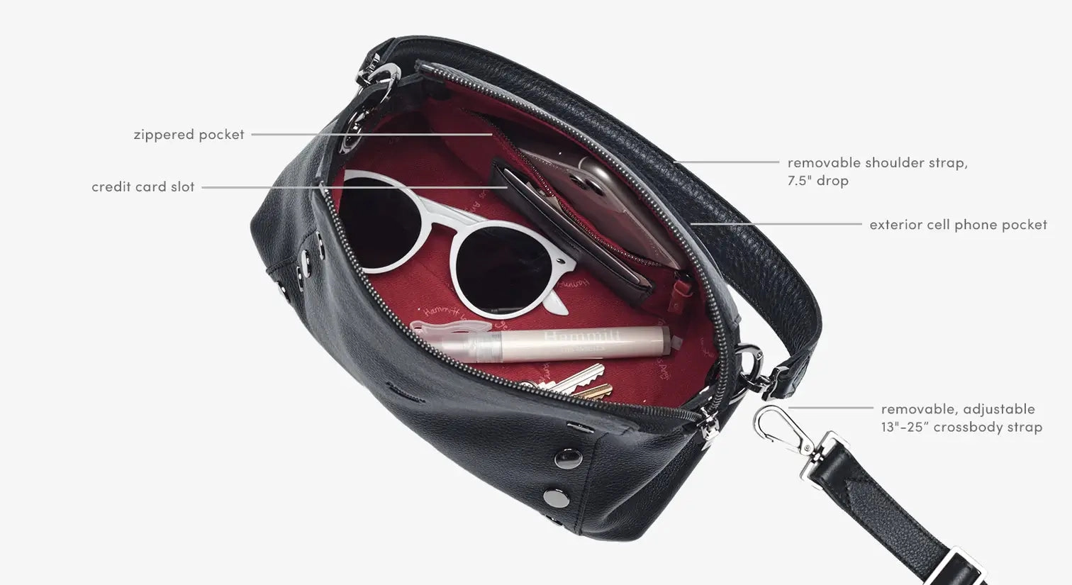 Hammitt Bryant Med Leather Shoulder Bag Black/Brushed Gold Red Zip