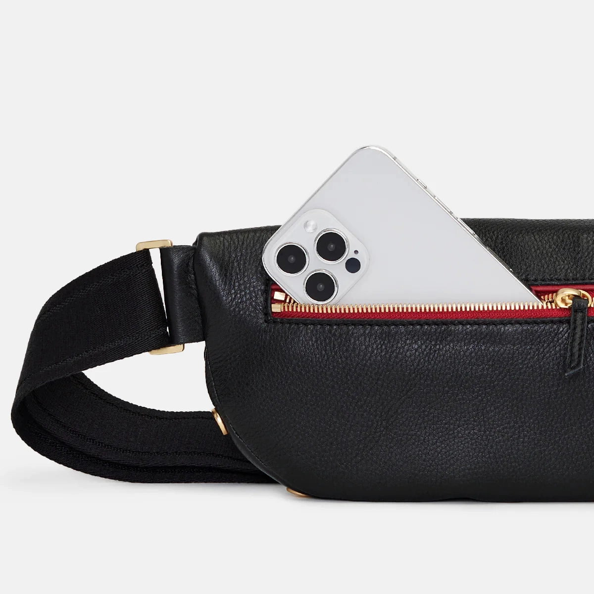 Hammitt Charles Small Leather Crossbody Bag Black/Brushed Gold Red Zip