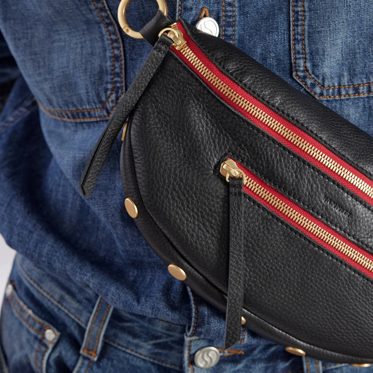 Hammitt Charles Small Leather Crossbody Bag Black/Brushed Gold Red Zip