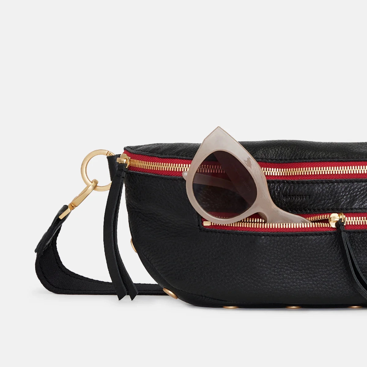 Hammitt Charles Small Leather Crossbody Bag Black/Brushed Gold Red Zip