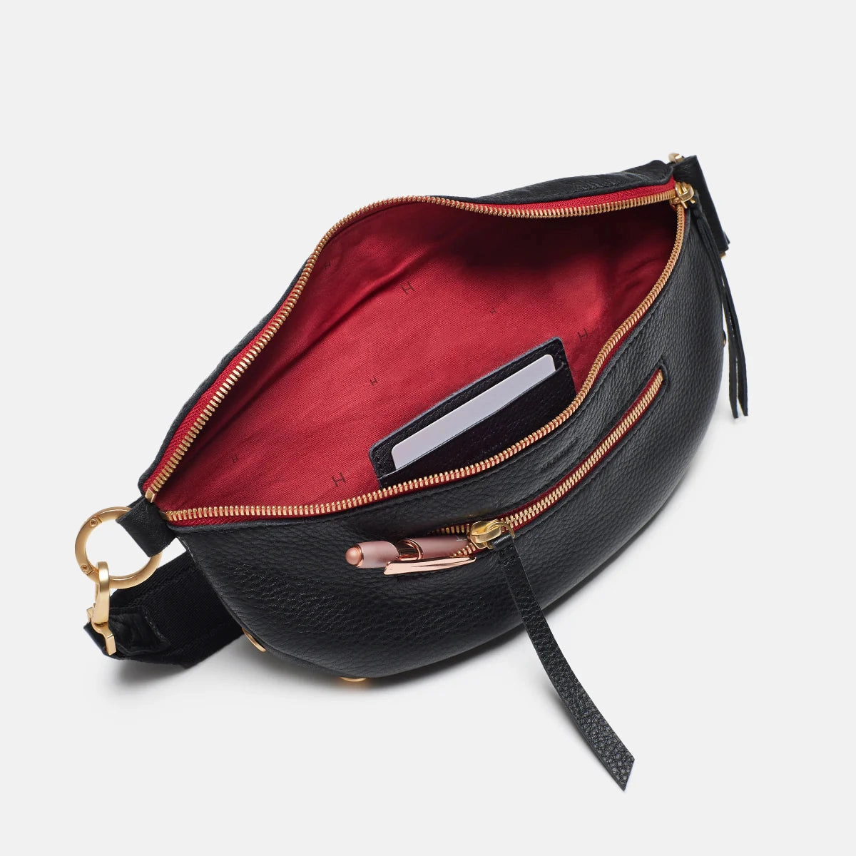 Hammitt Charles Small Leather Crossbody Bag Black/Brushed Gold Red Zip