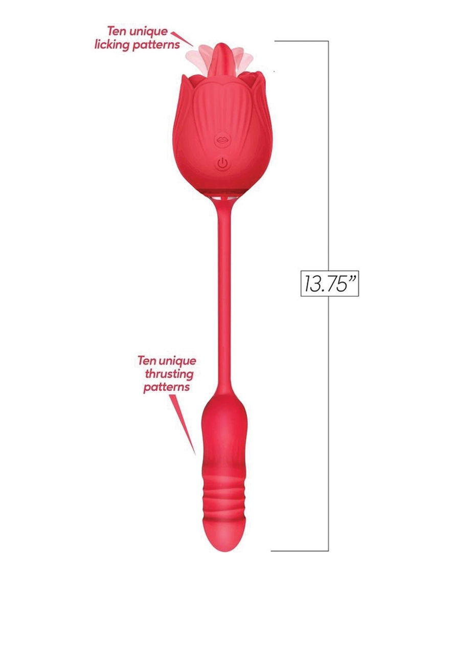 Icon Brands - Wild Rose Lick & Thrust Rechargeable Silicone Dual Vibrator with Clitoral Stimulator - Red