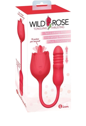 Icon Brands - Wild Rose Lick & Thrust Rechargeable Silicone Dual Vibrator with Clitoral Stimulator - Red