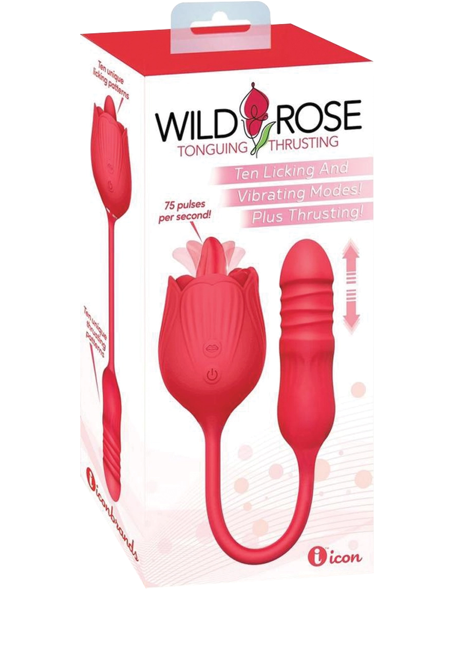 Icon Brands - Wild Rose Lick & Thrust Rechargeable Silicone Dual Vibrator with Clitoral Stimulator - Red