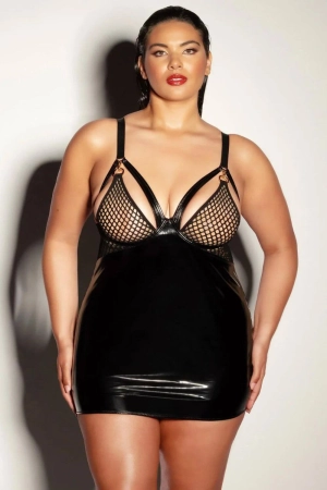 Oh la la Cheri Curvy Excitement Cage Babydoll Dress Fishnet Black