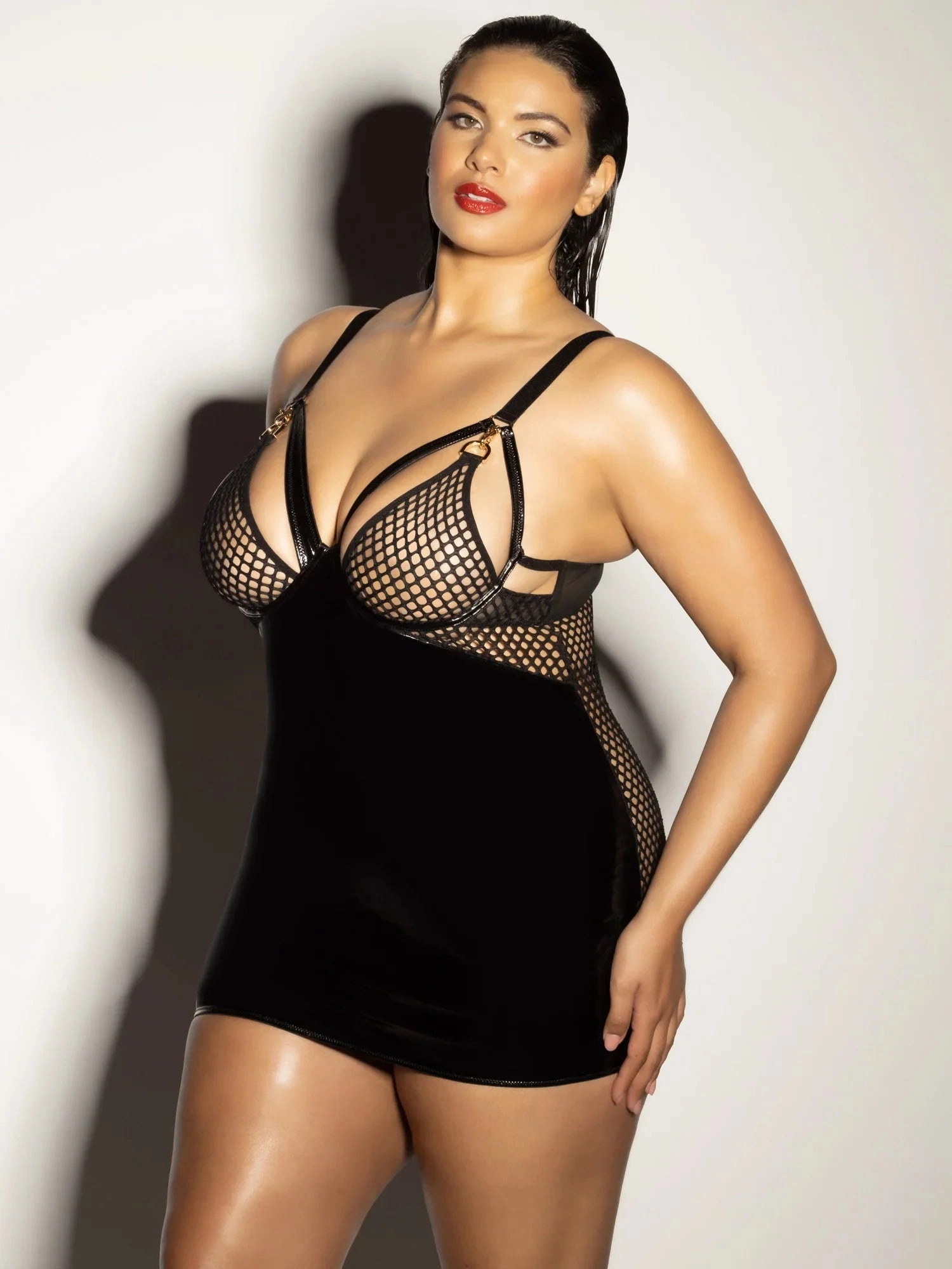 Oh la la Cheri Curvy Excitement Cage Babydoll Dress Fishnet Black