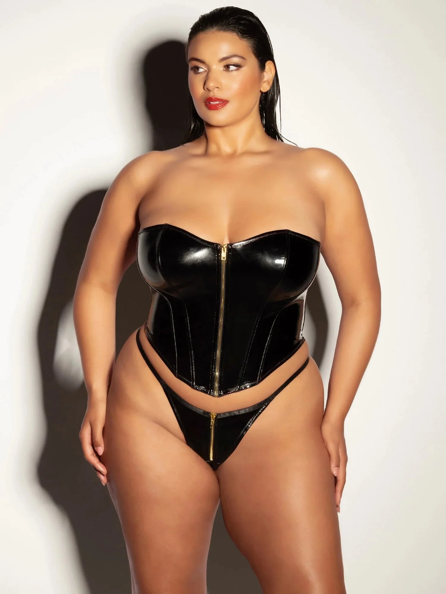Oh la la Cheri Curvy Rider Bustier Bra Set Zipper Front Vinyl Black