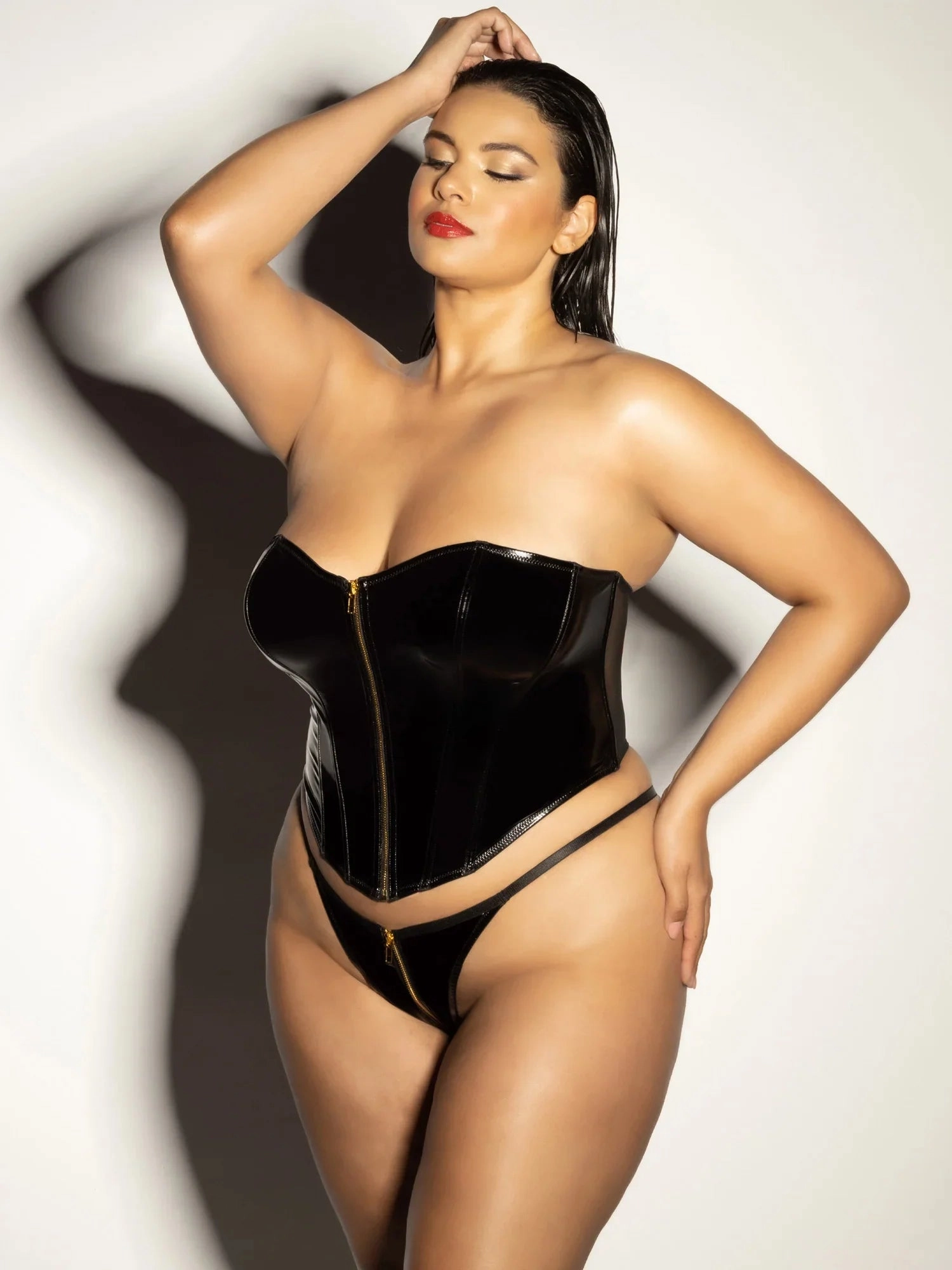 Oh la la Cheri Curvy Rider Bustier Bra Set Zipper Front Vinyl Black