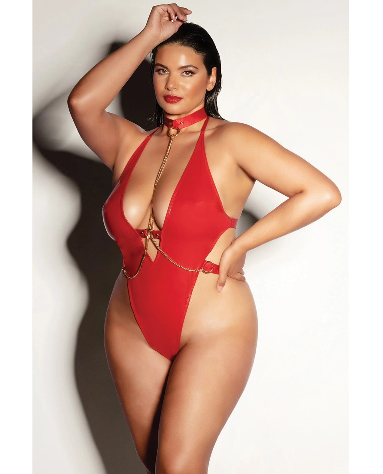Oh la la Cheri Curvy Submissive Shiny Chain Teddy Red