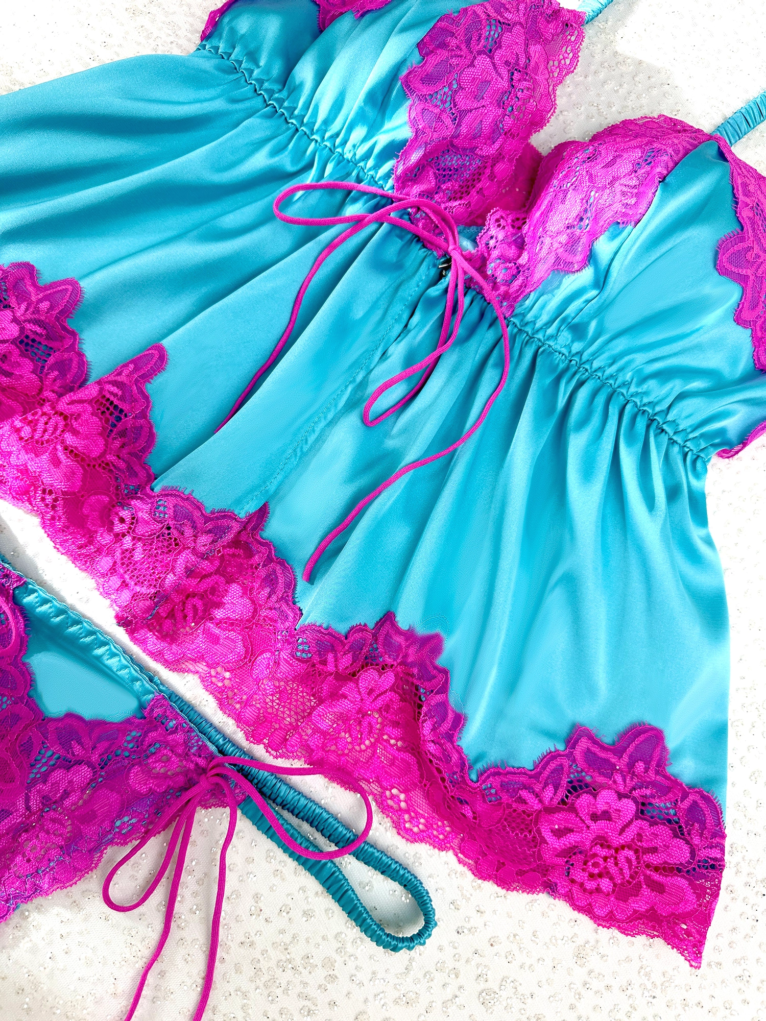 Pink Lace & Blue Silk Contrast Lingerie Set