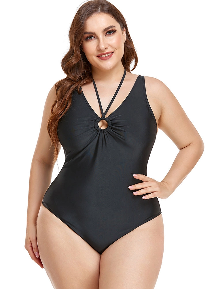 Plus Size Solid Color Cutout One Piece Swimsuits
