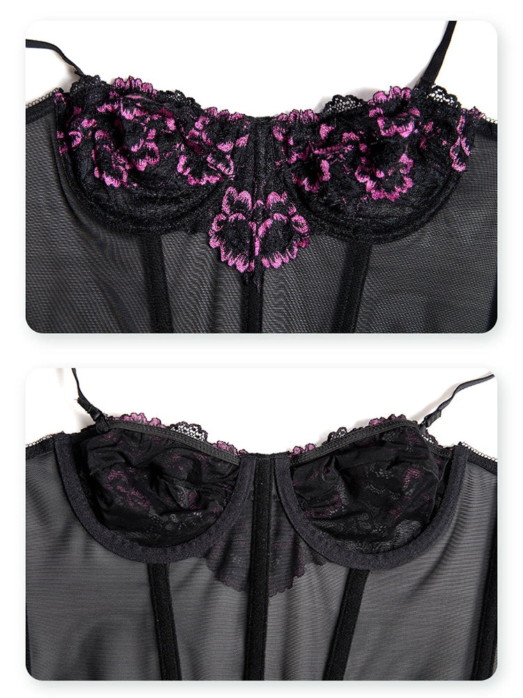 Sexy Floral Embroidery Top Lingerie Corset With Sling Fish Bone