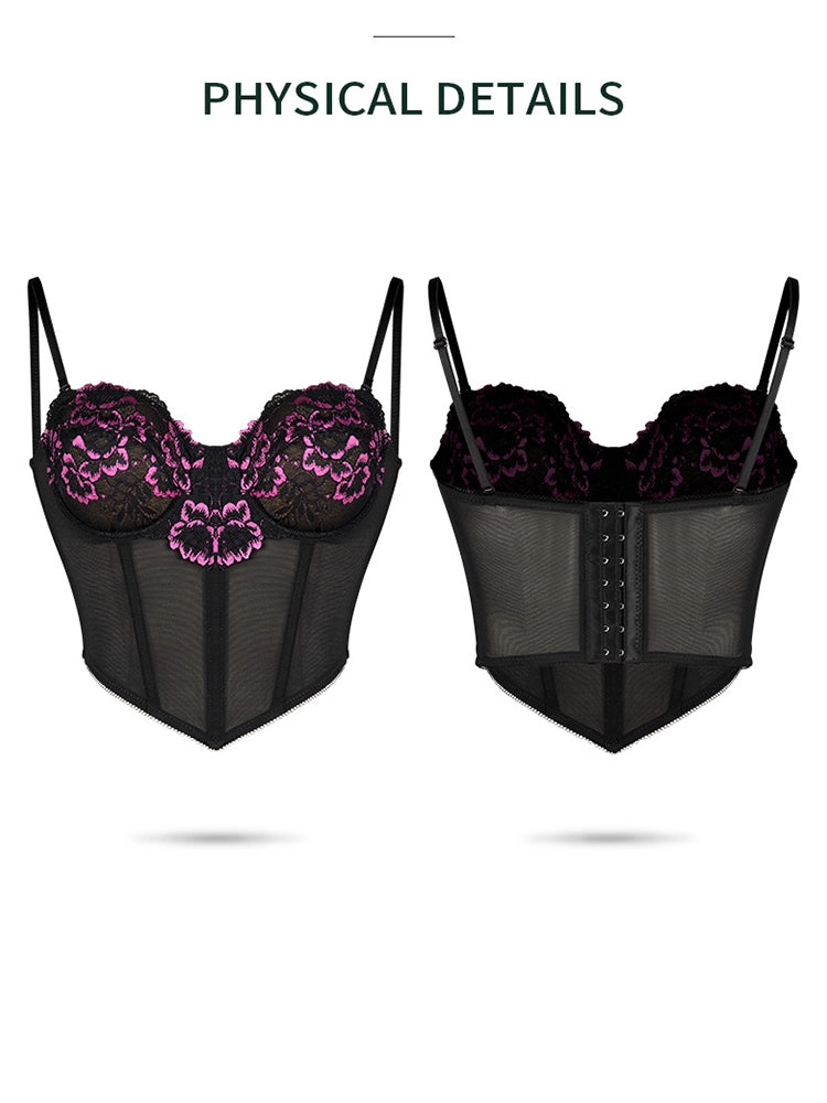 Sexy Floral Embroidery Top Lingerie Corset With Sling Fish Bone