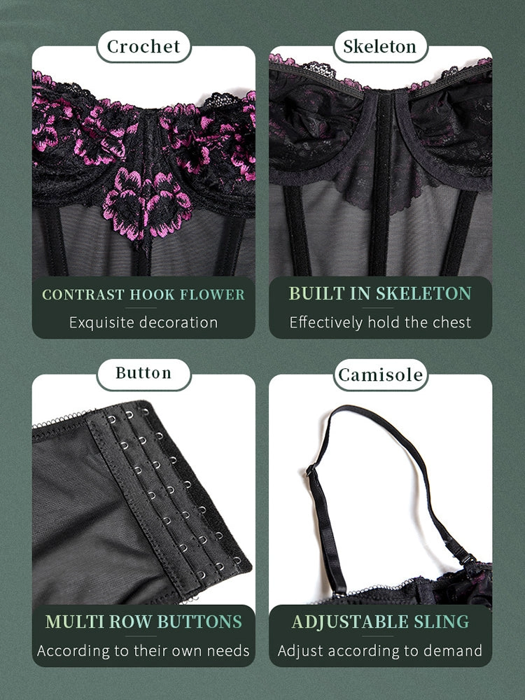 Sexy Floral Embroidery Top Lingerie Corset With Sling Fish Bone