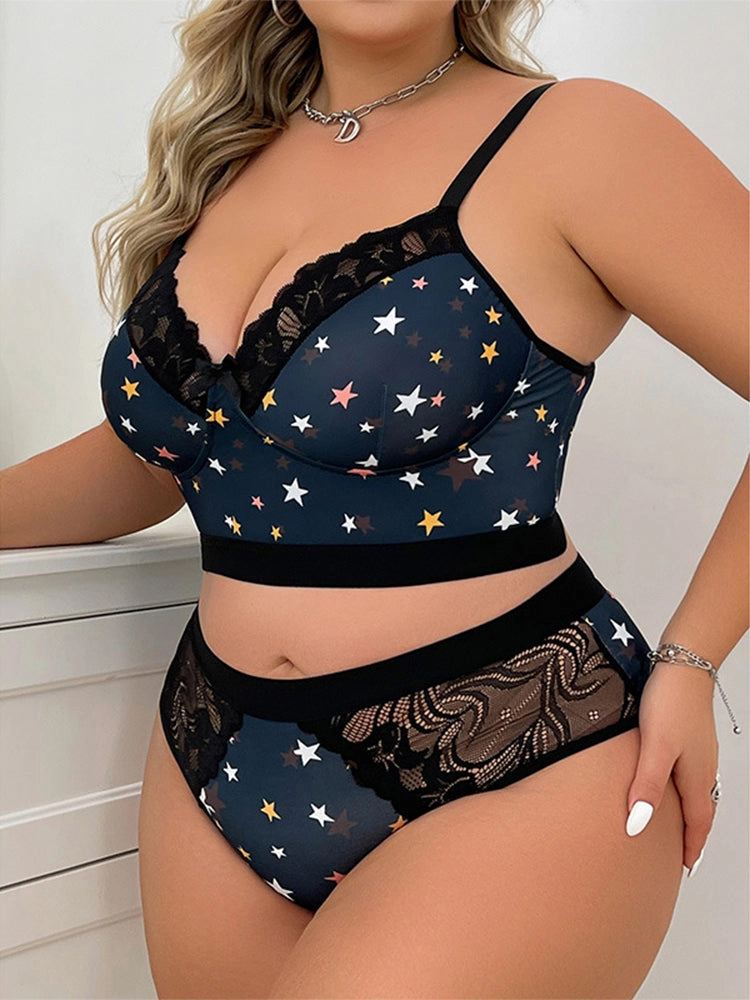 Sexy Star Print Lace Bralette and Panty Set