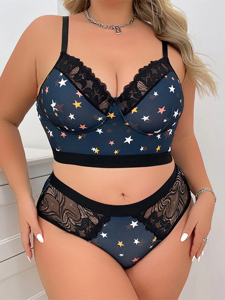 Sexy Star Print Lace Bralette and Panty Set