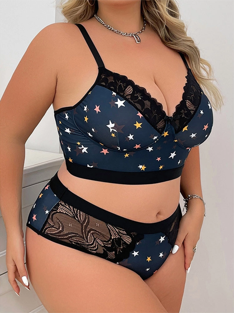 Sexy Star Print Lace Bralette and Panty Set