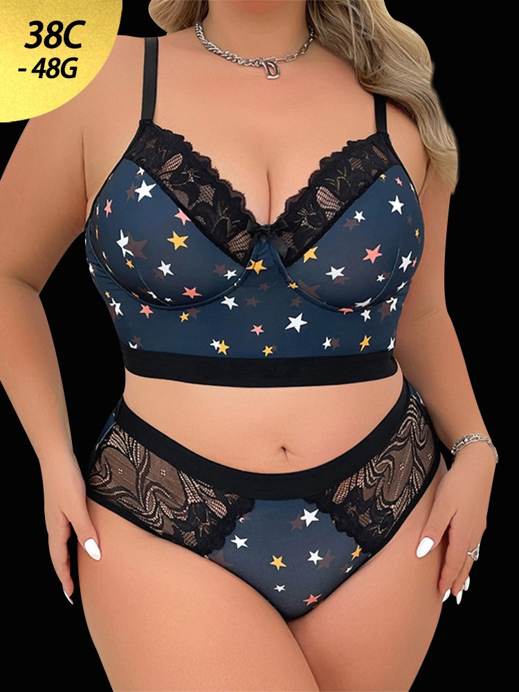 Sexy Star Print Lace Bralette and Panty Set