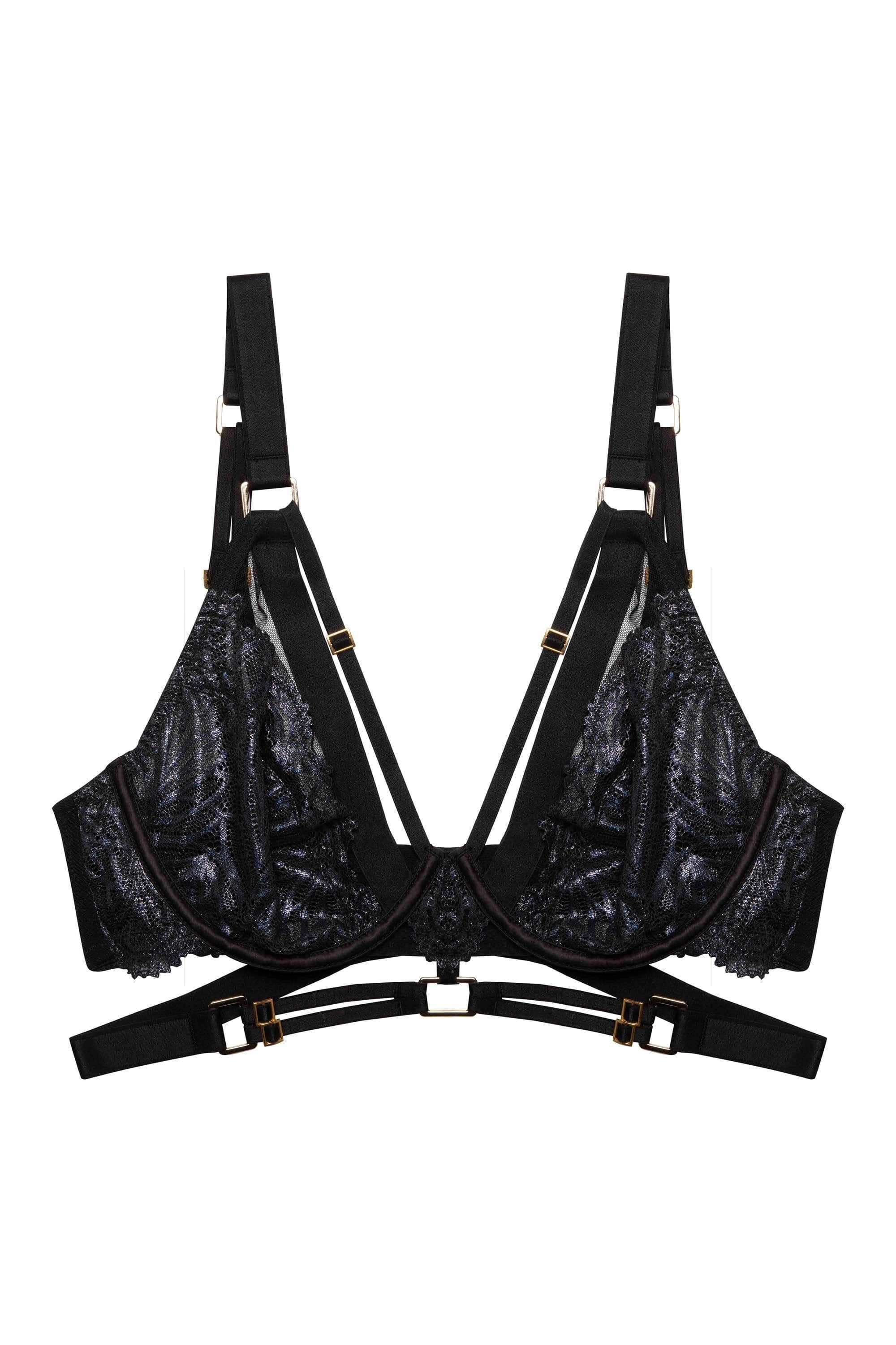Tabitha Black Wet-Look Lace Plunge Bra