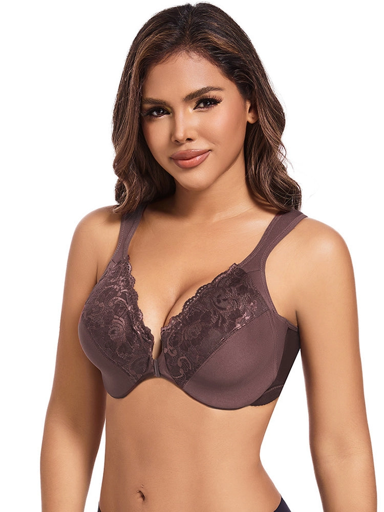 Ultra-Thin Lace Front Closure Push-Up Bra with Underwire