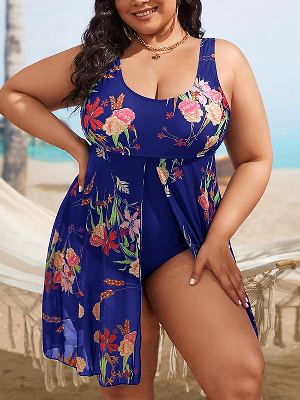 Women's Plus Size Floral Print Skirted Backless One-Piece Swimsuit